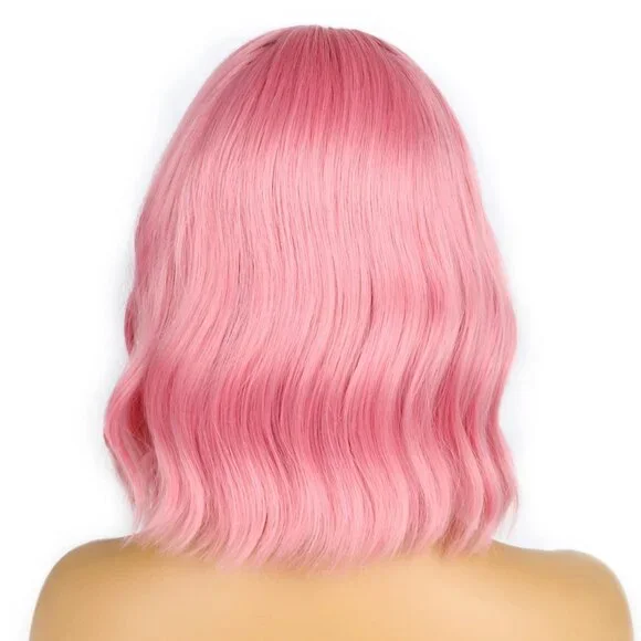 Pink Wig for Women Pastel Wavy Bob with Bangs Shoulder Length Synthetic Hair - Picture 3 of 5